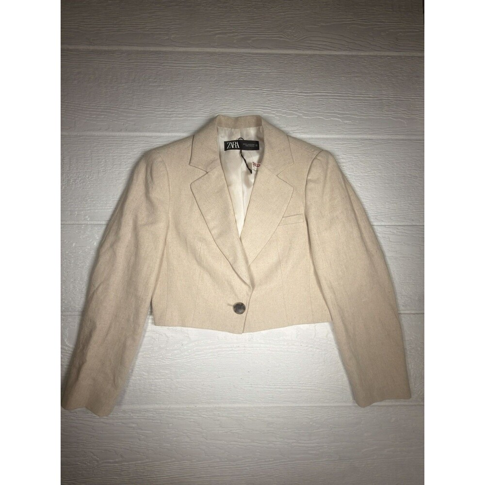 Zara Women XS Beige 100% Linen Cropped Blazer Jacket Single Button NWT